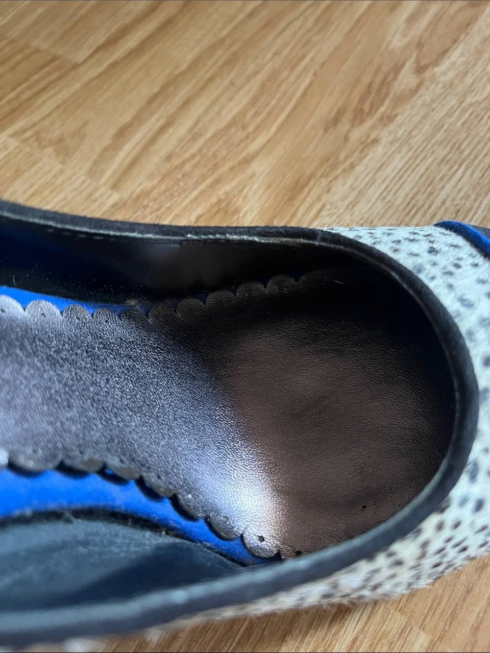 Lulu Townsend Black and Off White Spotted High Heel Pumps with Blue Accents